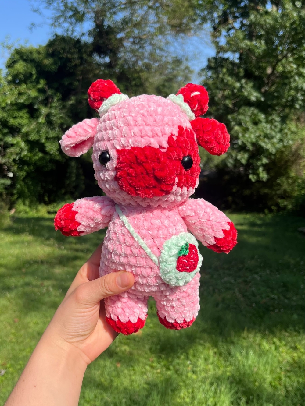 crochet handmade pink and red cow plushie